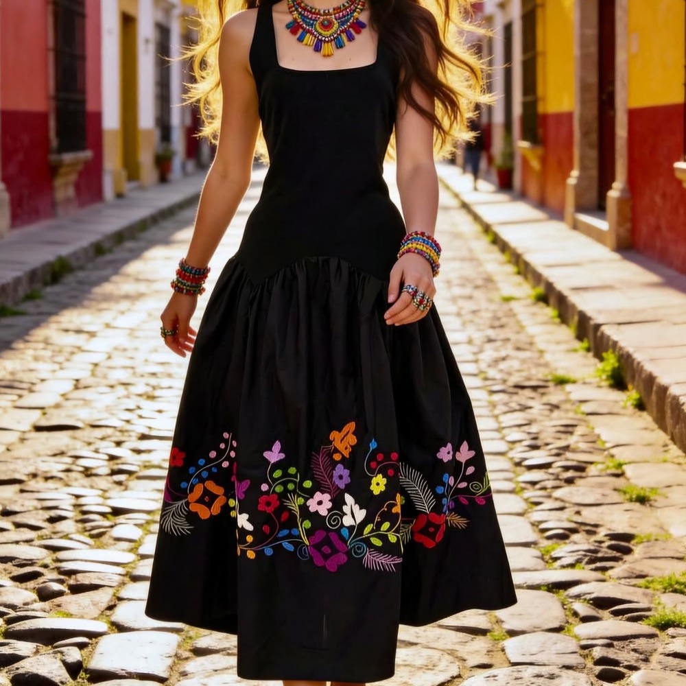 Embroidered Floral‎ Patchwork Midi/Maxi Dress Boho Drop Waist Retail $140+ Fest - Picture 3 of 6